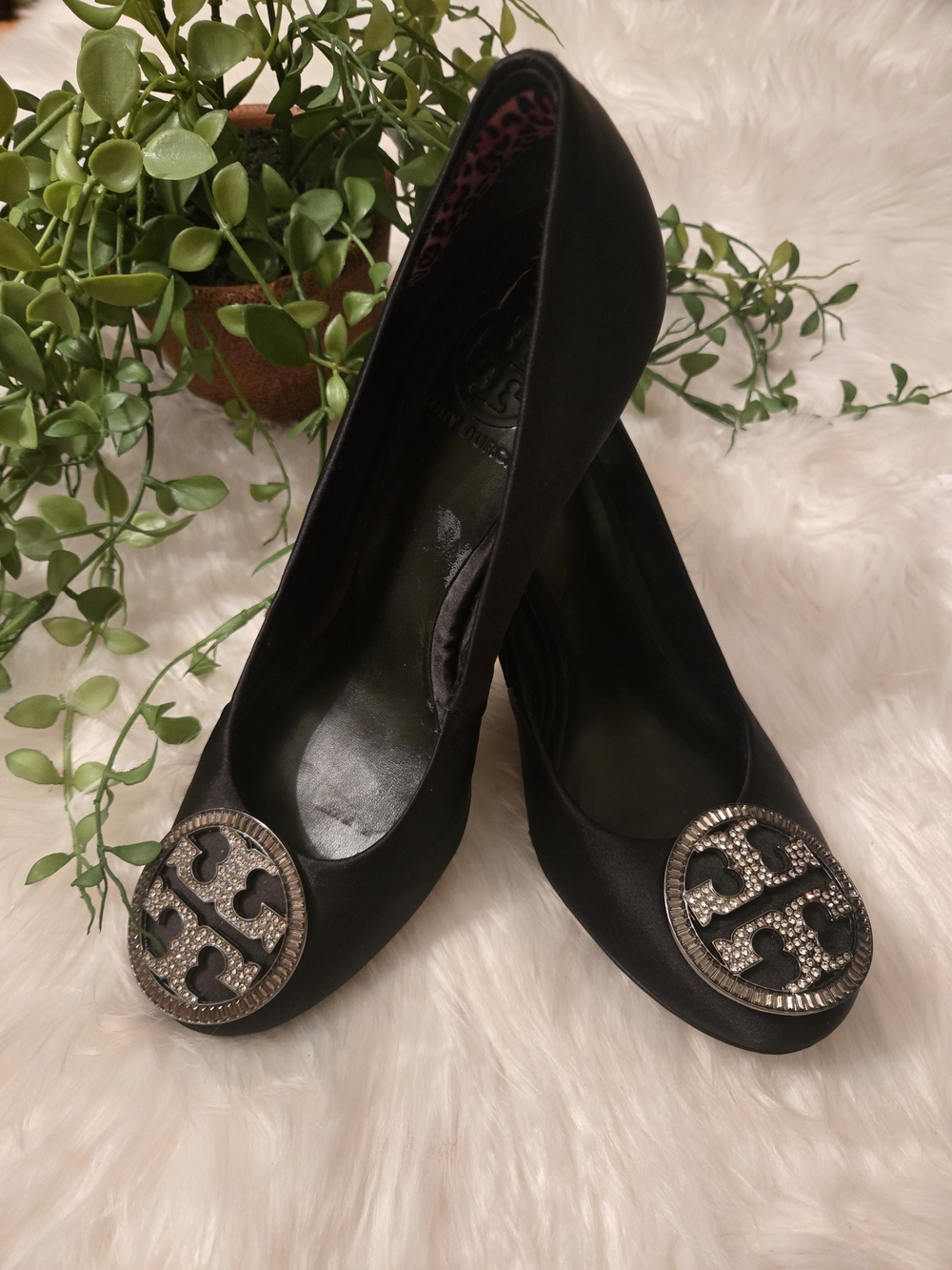 Tory Burch Black Satin Logo Medallion Flats